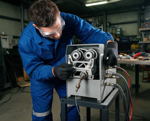 Service technician inspecting welding feeder
