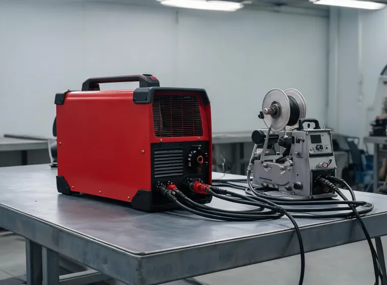 Red multi-process welding power source beside wire feeder