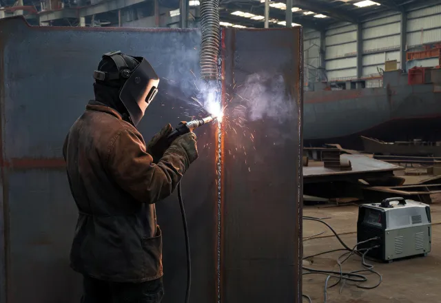 Shipyard welder joining thick steel plate