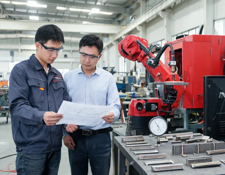 Application engineer reviewing weld procedure beside a fabrication cell