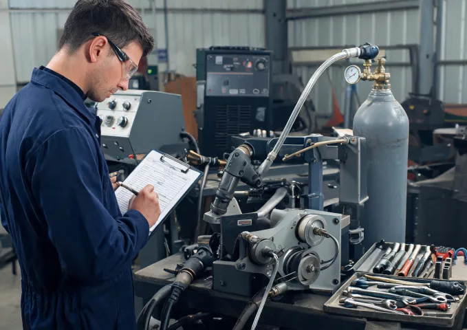 Technician documenting welding feeder and cable setup